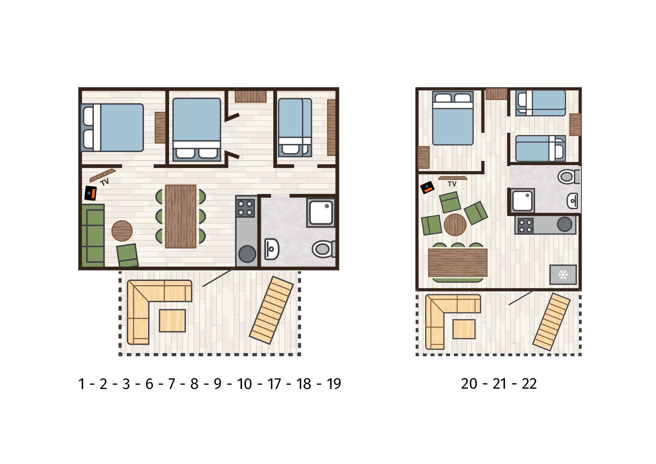 plattegrond-lodgetent-pauw-slaapkamers-verdeling-nummers-vakantiepark-dierenbos